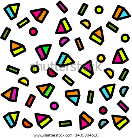 Solid color geometric shapes and triangular prism pattern on white ground , scattered assorted geometric shapes ,triangle,circle,semicircle,rectangle. Colorful and funny pattern.