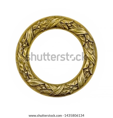 Golden round frame for paintings, mirrors or photo isolated on white background