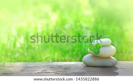 Stack of stones and Shamrock clover leaf on table, green natural background. composition with zen pebble stones. symbol of spa, soul and body Relax. tranquil, peaceful, calmness, life balance concept