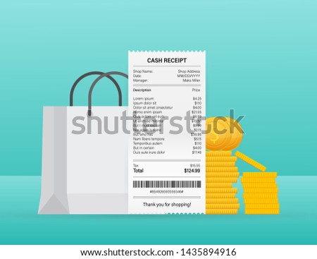 Receipt vector illustration of realistic payment paper bills for cash or credit card transaction. Vector stock illustration.