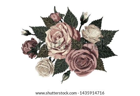 Elegant bouquet of blush toned rustic roses isolated in white background great for textile print, background, handmade card design, invitations, wallpaper, packaging, interior or fashion designs.