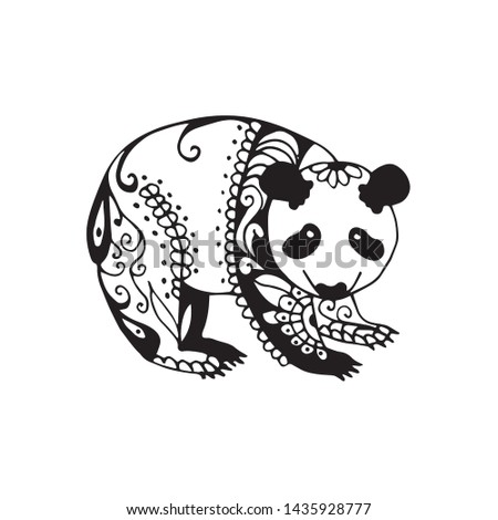 Line art black panda hand, isolated on white background. Dudling's style. Tatoo. Zenart. Coloring for adults.