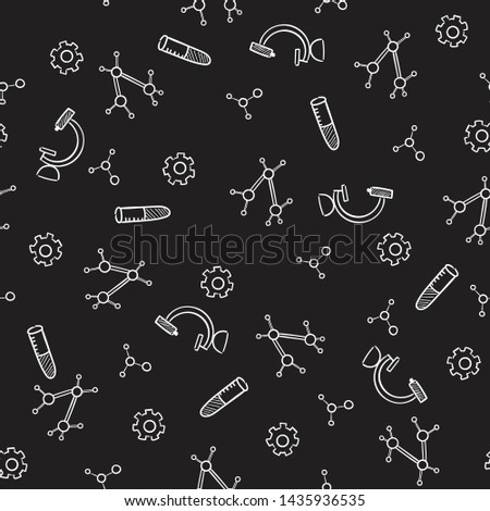 Seamless pattern vector hand drawn doodle cartoon set of Science theme items, objects and symbols for design on paper, fabric, invitations on Blackboard  background.