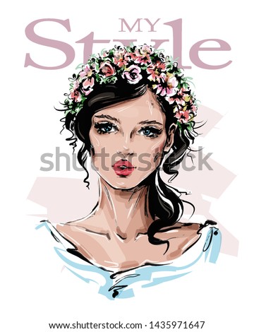 Hand drawn beautiful young woman with flower wreath on her head. Stylish girl. Fashion woman look. Sketch. Vector illustration. Royalty-Free Stock Photo #1435971647