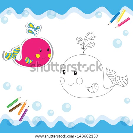 Cartoon whale isolated on white. Coloring book. Vector illustration.