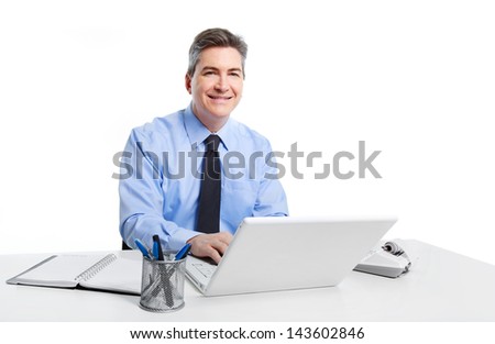 Businessman with laptop computer isolated on white background.