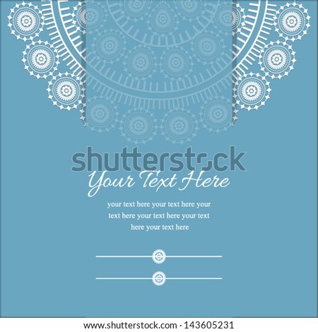 Invitation card, with blue background and Ornamental half round lace pattern and middle band, for invitation, backdrop, card, brochure, banner, border, wallpaper. Vector eps10, illustration.