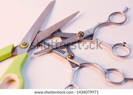 
kitchen, hairdressing and fabric scissors in white background