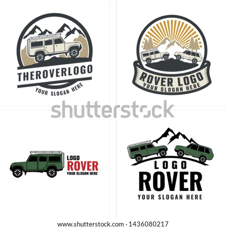 Brown line art badge logo design car with icon mountain tree and sunlight suitable for automotive land rove mountain classic adventure