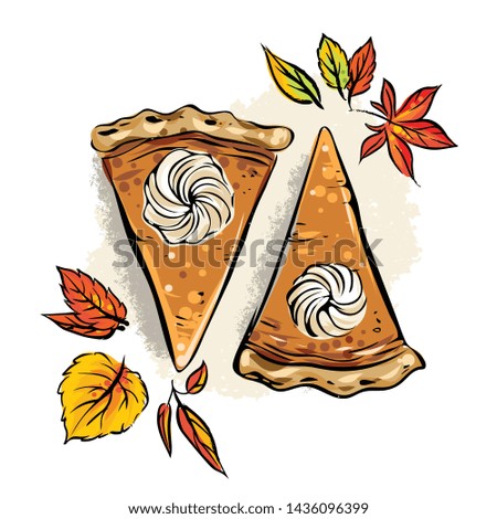 Hand drawn pumpkin pie pieces, top view, detailed vector illustration with whipped cream and autumn leaves