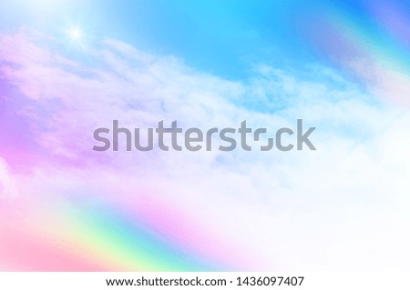 fantasy magical landscape rainbow on sky abstract big volume texture fluffy clouds shine close up view straight, cotton wool, pink purple pastel colors sun fabulous background