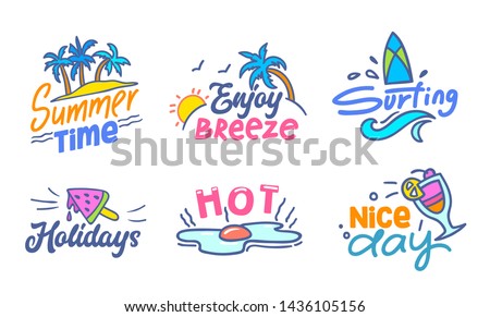 Colorful Typography with Doodle Elements Set, Summer Time, Enjoy Breeze, Surfing, Holidays, Hot, Nice Day Clip Art Drawing for Greeting Card, Poster, Banner, T-shirt Design Cartoon Vector Illustration