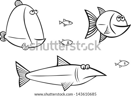 some black and white fishes just swimming around.  EPS 8 vector file. Just black and white. No transparencies.