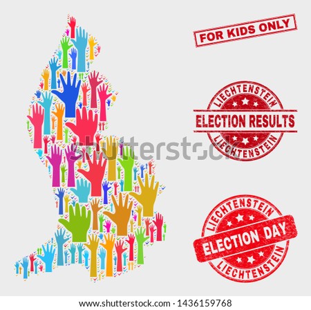 Election Liechtenstein map and seals. Red rectangular For Kids Only distress stamp. Bright Liechtenstein map mosaic of raised up ballot arms. Vector combination for election day, and ballot results.