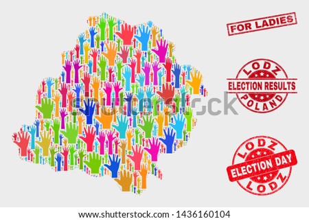 Ballot Lodz Voivodeship map and watermarks. Red rectangle For Ladies grunge seal stamp. Colored Lodz Voivodeship map mosaic of raised up election hands. Vector collage for election day,