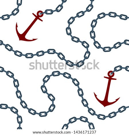 Seamless vector chain with steel red ship anchor. White background.