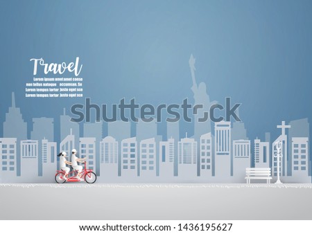 Abstract background card with Couple Travelling by bicycle go to New York City USA .Travel and Tourism concept.paper craft Design travel and Vector and illustration