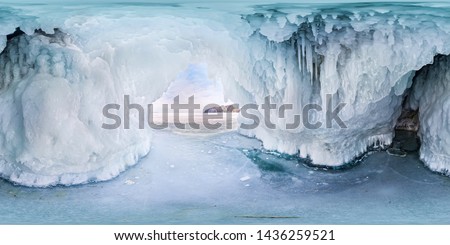 Blue Ice cave grotto on Olkhon Island, Lake Baikal, covered with icicles. Spherical panorama 360vr Royalty-Free Stock Photo #1436259521