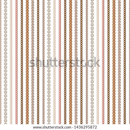 Seamless pattern of different beads. Pearl, glass, acrylic beads. Beads are arranged vertically straight. Costume jewellery. White background. Pastel, bronze, pearl, matte colors.