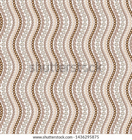 Seamless pattern of different beads. Pearl, glass, acrylic beads. Beads are arranged vertical wave. Panel of beads. Costume jewellery. White background. Pastel, bronze, pearl, matte colors.