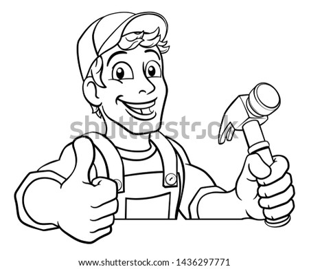 A handyman carpenter or builder cartoon man holding a hammer. Construction maintenance worker or DIY character mascot. Giving a thumbs up and peeking over a sign