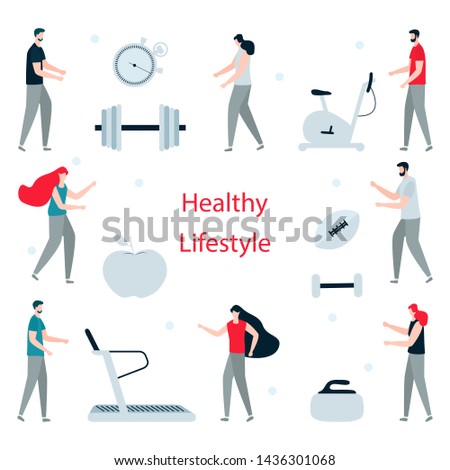 Vector illustration with people, exercise bike, american football ball, dumbbells, treadmill, stopwatch, apple, curling equipment. Sport. Healthy lifestyle. Design for websites, print