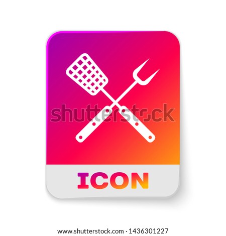 White Crossed fork and spatula icon isolated on white background. BBQ fork and spatula sign. Barbecue and grill tools. Rectangle color button. Vector Illustration