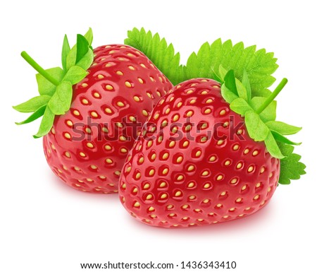 Composition with fresh strawberry and leaves isolated on a white background.