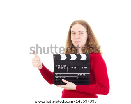 Female person with clapperboard showing thumb up