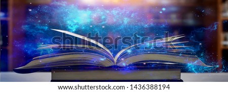Imagine a picture book of an ancient book opened on a wooden table with a sparkling golden background. With magical power, magic, lightning around a glowing glowing book In the room of darkness