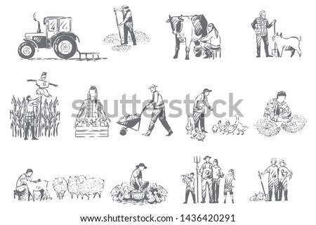 Farming business, rural economy concept sketch. Farmer lifestyle, livestock breeding, seasonal harvest collecting, food and cereals growth, farm chores, husbandry set. Isolated vector illustration Royalty-Free Stock Photo #1436420291