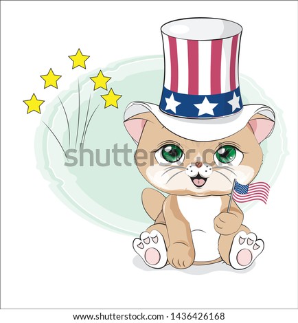 lovely cute brown cat kitten wishes a happy Independence Day to America, american flag clip art