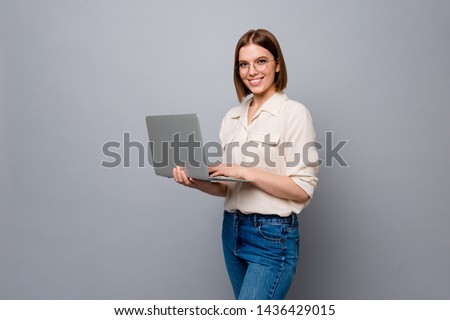 Close up photo beautiful pretty she her business lady hands arms notebook write novel reader data startup novelty interested curious wondered wear specs casual white shirt isolated grey background