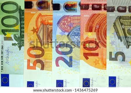 sorted pile of paper euro banknotes as part of the european payment system. Euro money banknote, Finance, capital banking and investment concept 