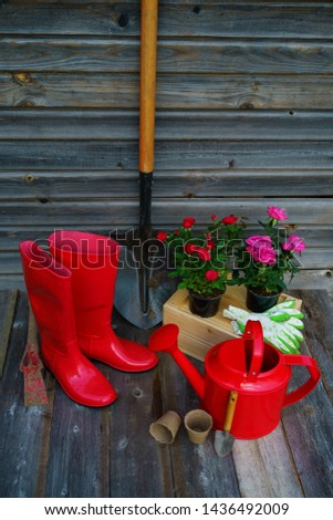 Shovel, watering can, rubber boots, flowers, gloves and garden tools