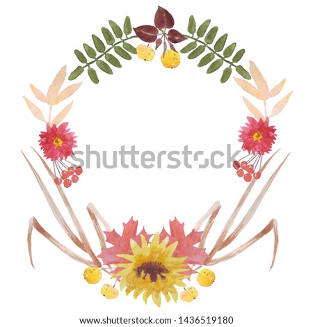 Autumn wreath of flowers and leaves painted by hand in watercolor, for the design of various printed products, postcards. invitation cards, labels and other designs
