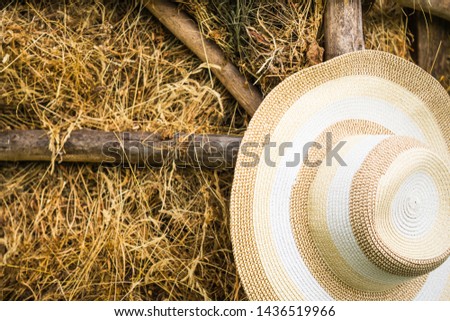 Rustic style, summer background screensavers. A straw woven rattan hat hangs on the background of an old barn with dry grass. Panama under the wooden crossbar on the background of straw on the screen 
