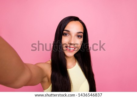 Self-portrait of her she nice-looking lovely lovable attractive winsome adorable magnificent shine cheerful cheery girl isolated over pink pastel background
