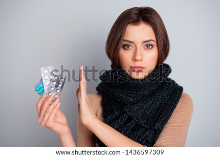 Portrait of strict lady doctor medic dont advise choose decide remedy say no forbidden dressed modern clothing scarf isolated grey background Royalty-Free Stock Photo #1436597309