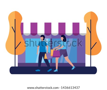 man and woman store shopping bags commerce vector illustration