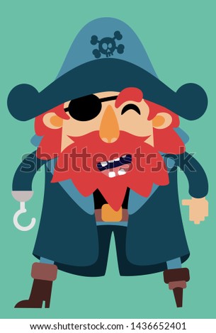 Fully editable vector illustration of a pirate with red hair, red beard, a wooden leg an eye-patch and a hook for a hand.