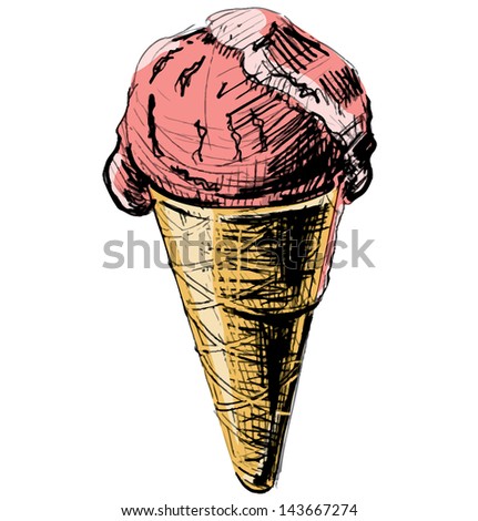 Ice cream in a cone isolated on white background. Hand drawing sketch illustration