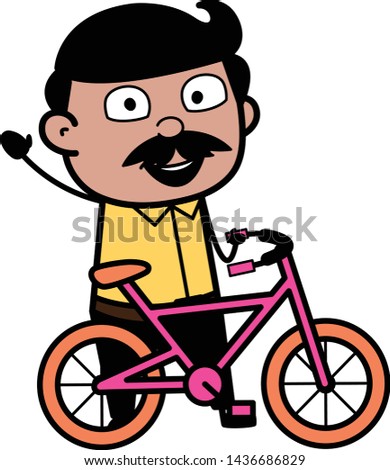 Waving Hand While Walking with Cycle - Indian Cartoon Man Father Vector Illustration
