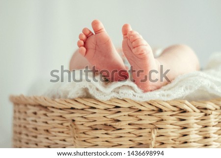 Feet baby. Baby in the basket. Mom and baby. Details of newborns. Newborn photo shoot. Happy moments of motherhood.
