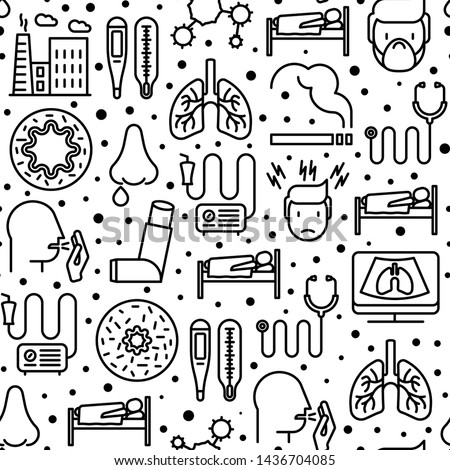 Bronchitis seamless pattern with thin line icons of symptoms and treatments: headache, alveolus, inhaler, nebulizer, stethoscope, thermometer, x-ray, bed rest. Vector illustration.