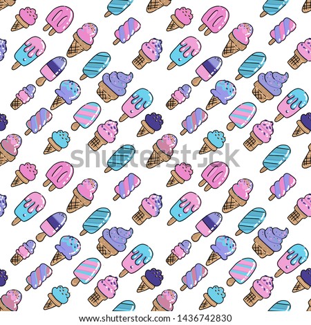 Icecream background seamless vector pattern. Doodle hand drawn art ice cream in modern pink and violet color. Different Dessert food. Set of various rough simple color outline sketches.