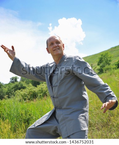 Aged man is engaged in martial arts in nature. Classes and master classes in kung fu, Tai Chi, qigong, multidimensional medicine, healthy lifestyle