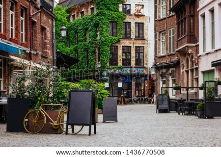 Old street of the historic city center of Antwerpen (Antwerp), Belgium. Cozy cityscape of Antwerp. Architecture and landmark of Antwerpen Royalty-Free Stock Photo #1436770508