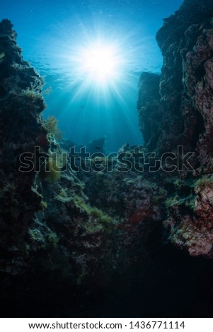 underwater sunburst photography whit a nice stone landscape