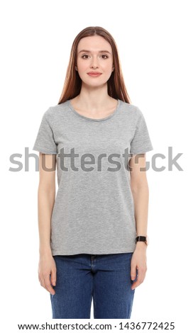 Young woman in t-shirt on white background. Mock up for design